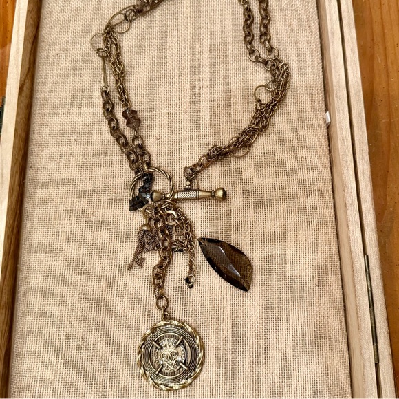 CHICO’S Toggle Necklace with Chain dangles and Topaz charm - Picture 1 of 5